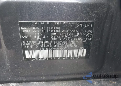 2016 Subaru Outback 2.5I Premium z USA, uszkodzony, nr VIN 4S4BSAFC4G3208574